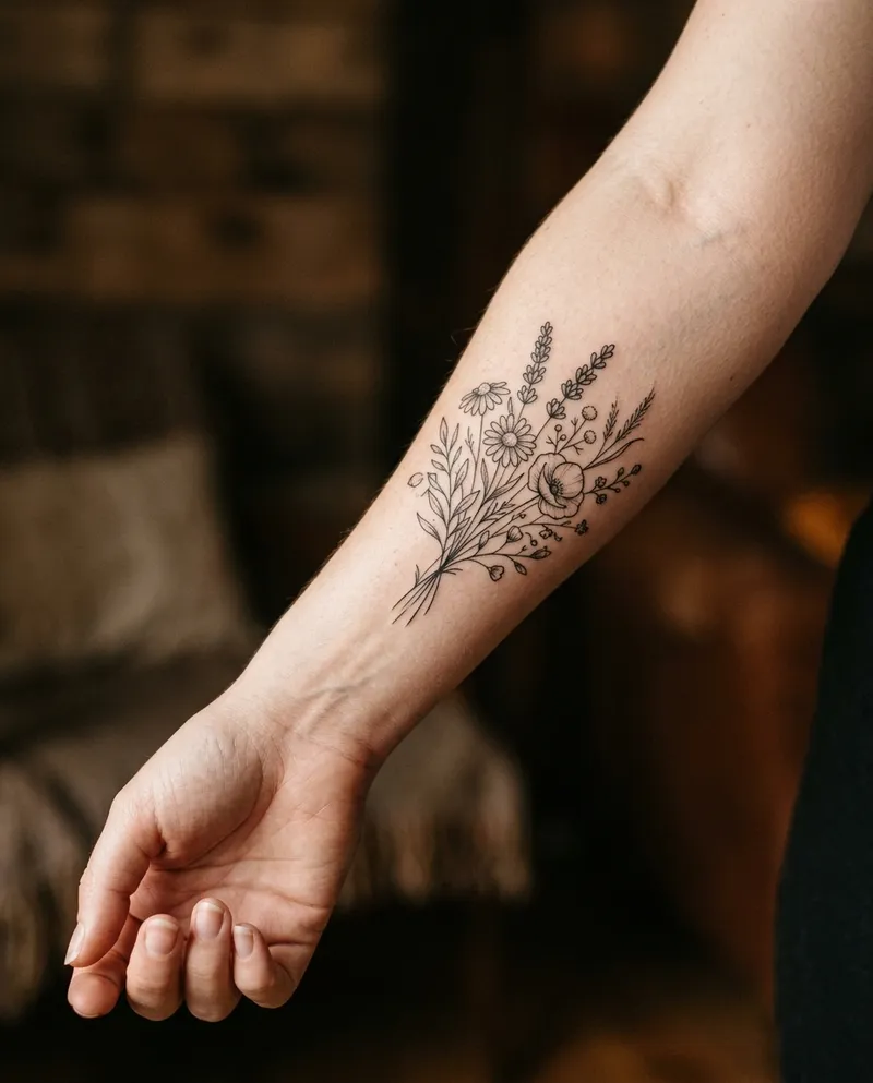 Tatuagem floral fine line num antebraço