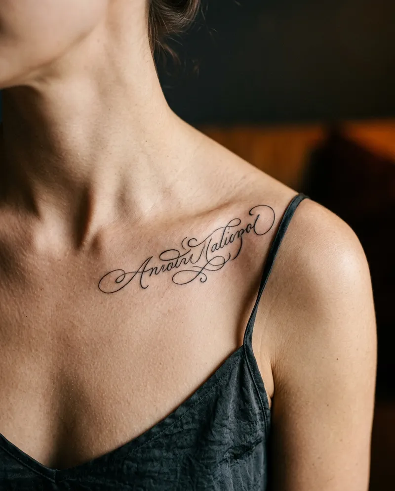 Tatuagem de lettering ao longo da clavícula