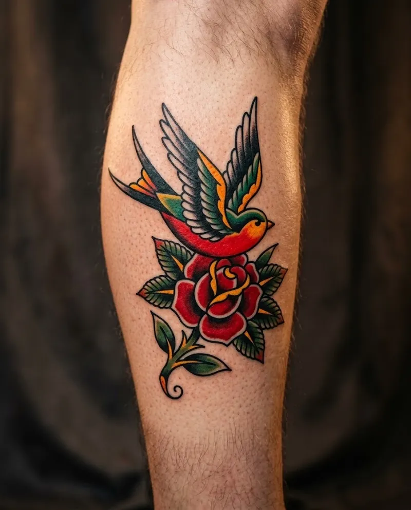 Tatuagem tradicional a cores numa perna