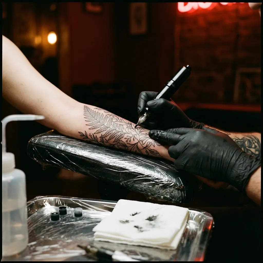 Mãos com luvas a tatuar um antebraço com máquina rotativa