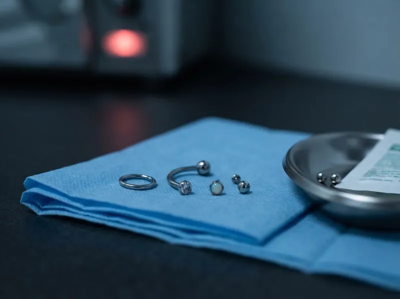 Joias de piercing em titânio num tabuleiro esterilizado
