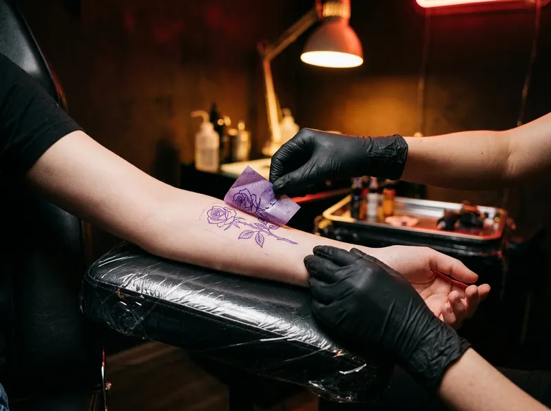 Um tatuador a aplicar o decalque no antebraço de um cliente